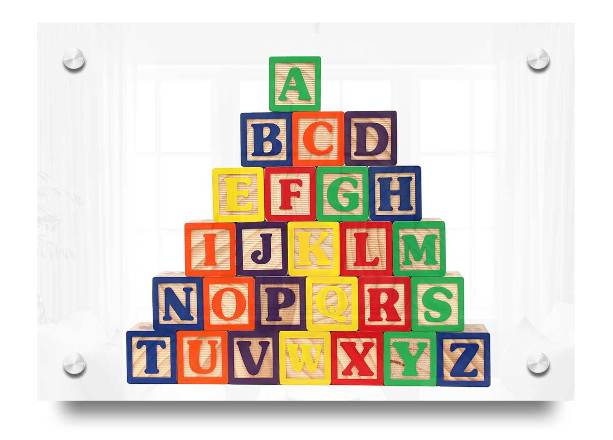 Stylish Alphabet Blocks White acrylic print showcasing letters on a sleek white background, perfect for modern decor.