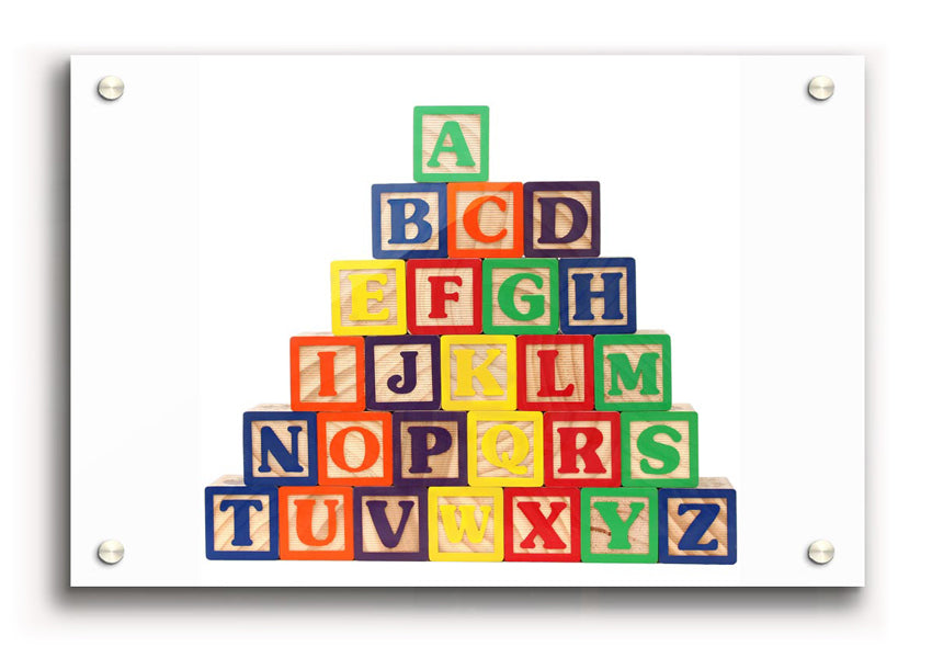 Stylish Alphabet Blocks White acrylic print showcasing letters on a sleek white background, perfect for modern decor.