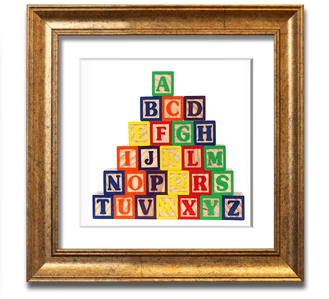 A stylish white framed print featuring colorful alphabet blocks, perfect for children's decor.