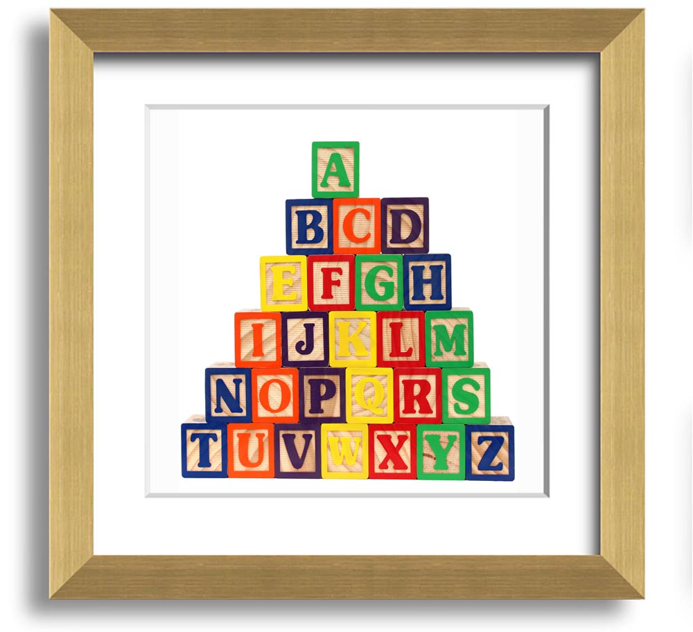 A stylish white framed print featuring colorful alphabet blocks, perfect for children's decor.