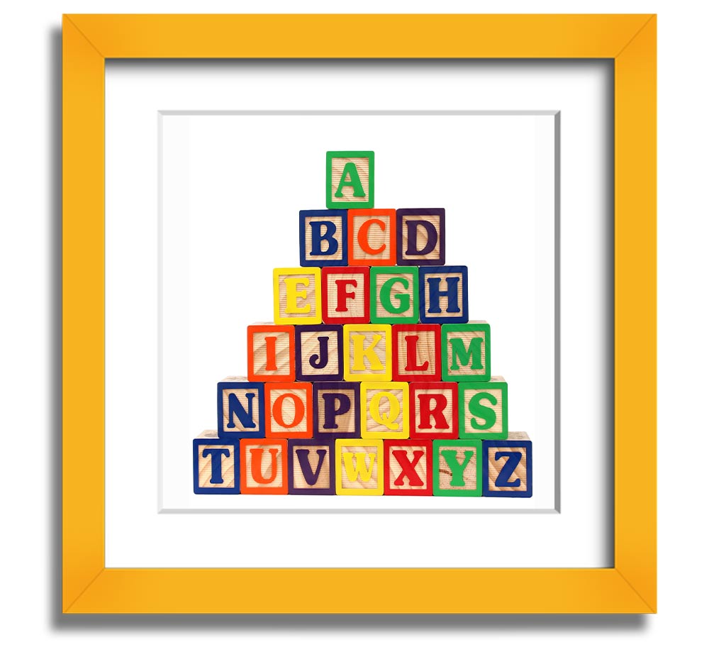 A stylish white framed print featuring colorful alphabet blocks, perfect for children's decor.