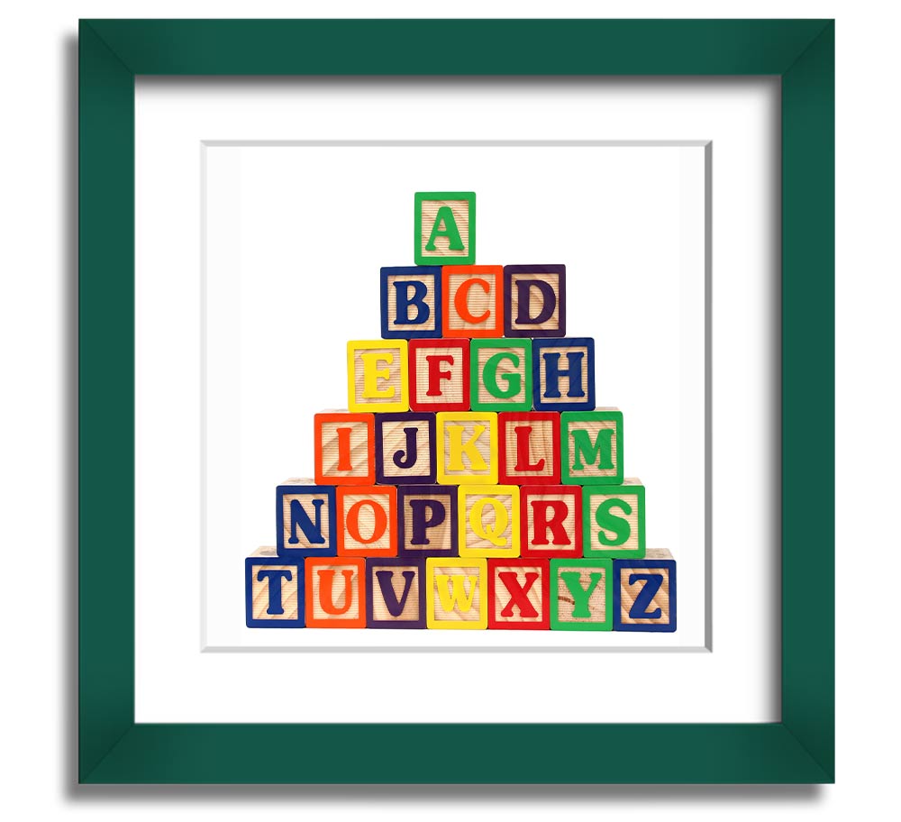 A stylish white framed print featuring colorful alphabet blocks, perfect for children's decor.