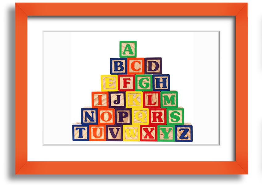 A beautifully framed print of white alphabet blocks, showcasing letters in a playful design, perfect for nursery decor.