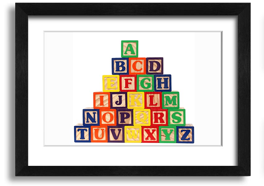 A beautifully framed print of white alphabet blocks, showcasing letters in a playful design, perfect for nursery decor.