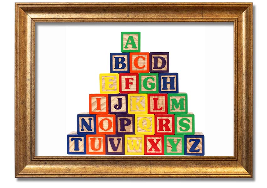 A beautifully framed print of white alphabet blocks, showcasing letters in a playful design, perfect for nursery decor.