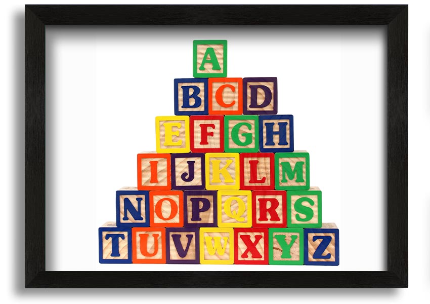 A beautifully framed print of white alphabet blocks, showcasing letters in a playful design, perfect for nursery decor.