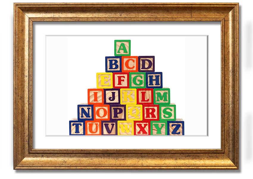 A beautifully framed print of white alphabet blocks, showcasing letters in a playful design, perfect for nursery decor.