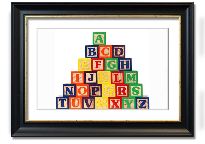 A beautifully framed print of white alphabet blocks, showcasing letters in a playful design, perfect for nursery decor.