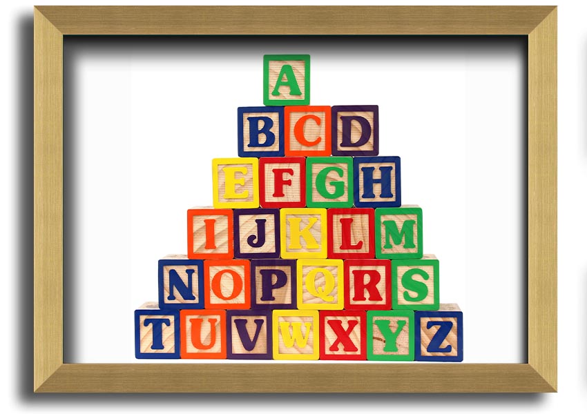 A beautifully framed print of white alphabet blocks, showcasing letters in a playful design, perfect for nursery decor.