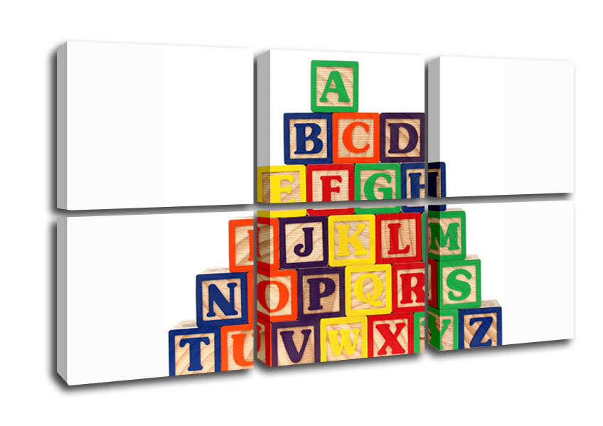 Alphabet Blocks White canvas art mounted on a box frame, featuring a playful alphabet design suitable for children's rooms.