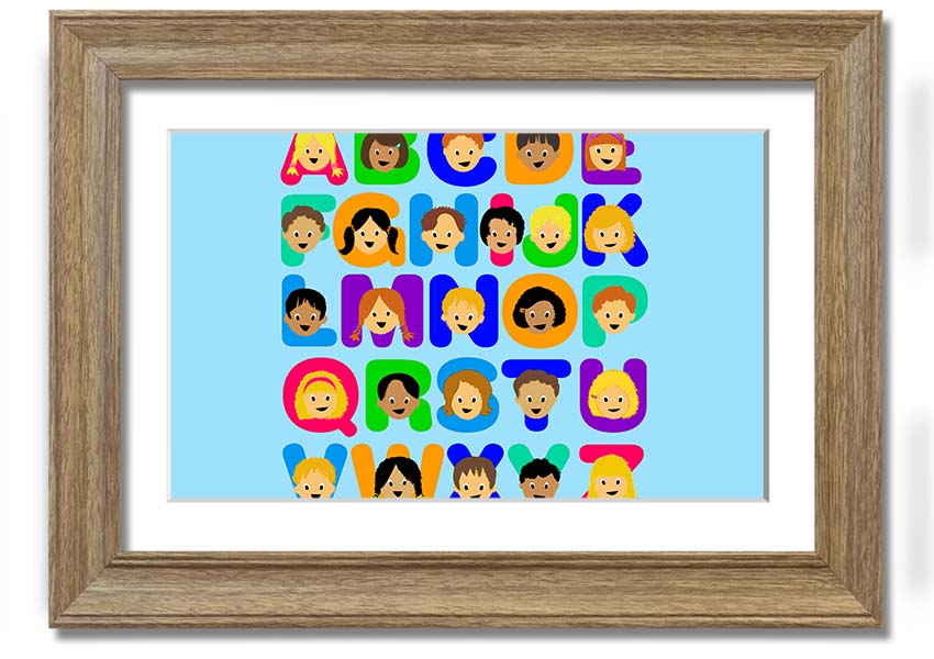 Framed Alphabet Children Baby Blue print featuring colorful letters, ready to hang.