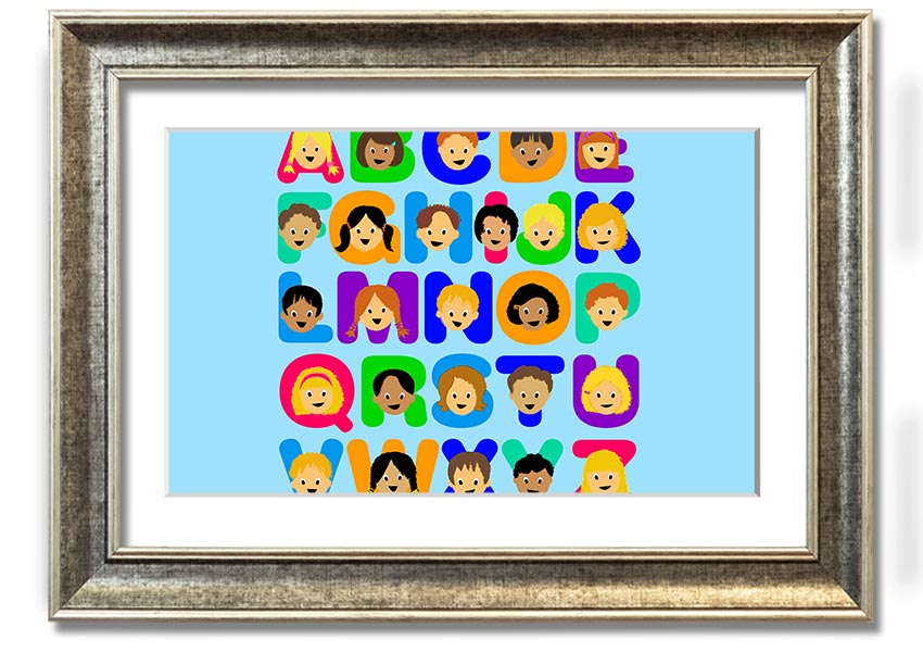 Framed Alphabet Children Baby Blue print featuring colorful letters, ready to hang.