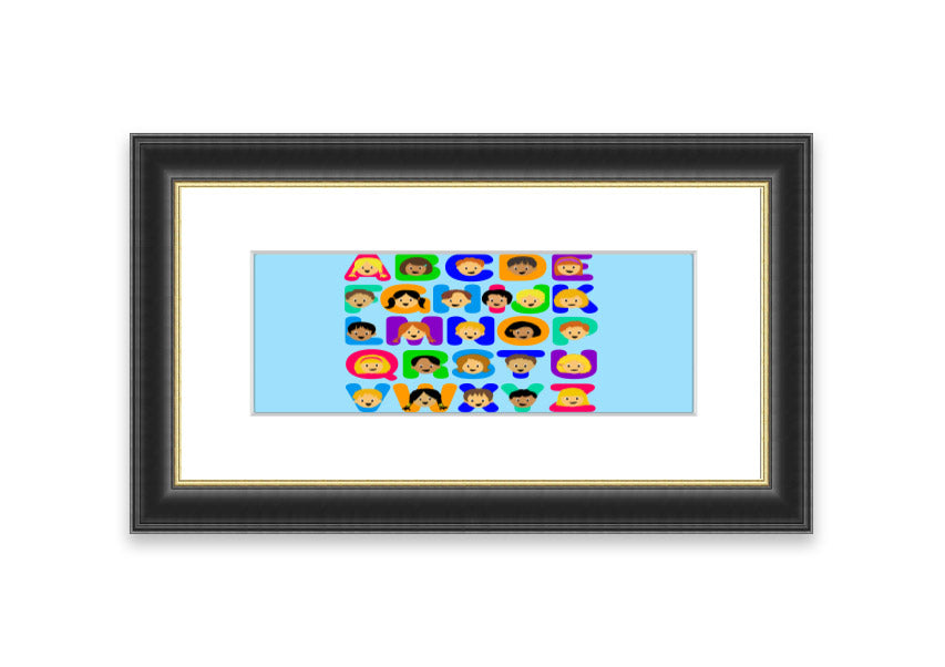 Framed Alphabet Children Baby Blue print featuring colorful letters, perfect for nursery decor.