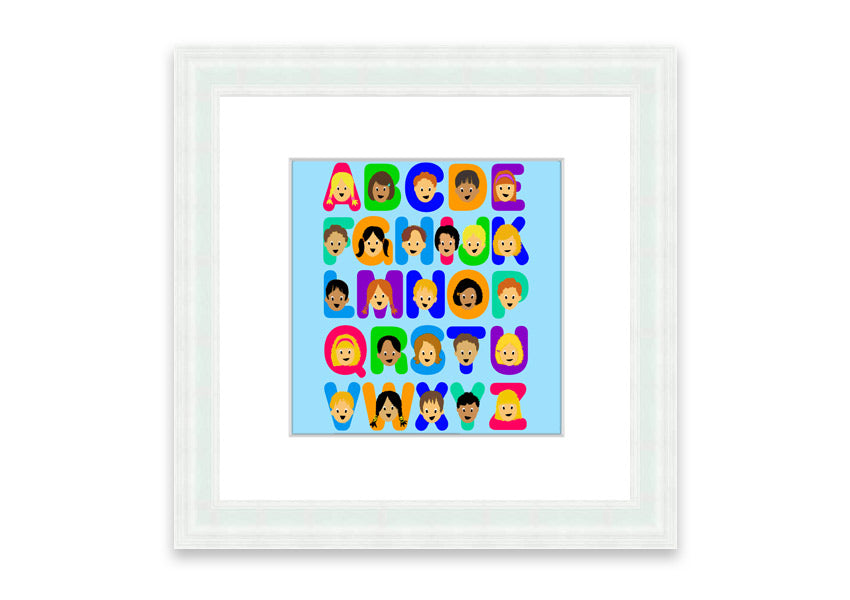 Framed Alphabet Children Baby Blue print featuring colorful letters, perfect for nursery decor.