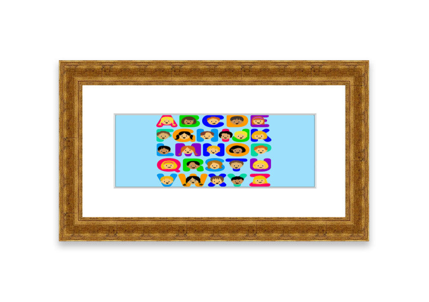 Framed Alphabet Children Baby Blue print featuring colorful letters, perfect for nursery decor.