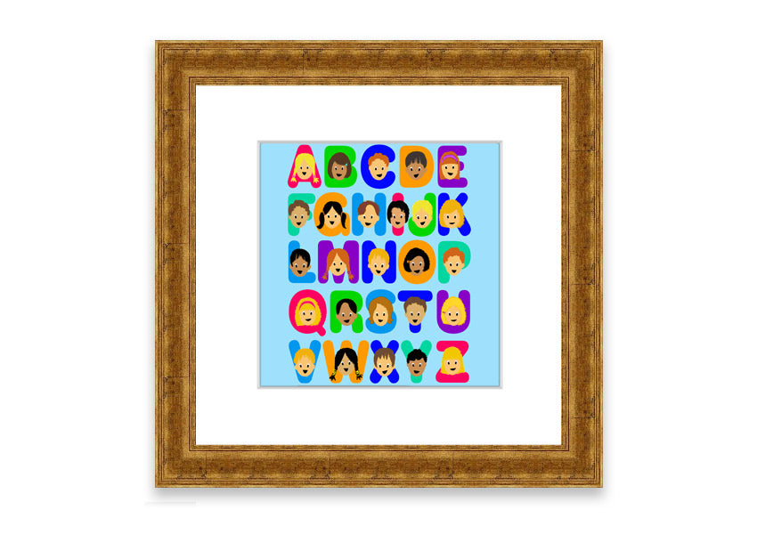 Framed Alphabet Children Baby Blue print featuring colorful letters, perfect for nursery decor.