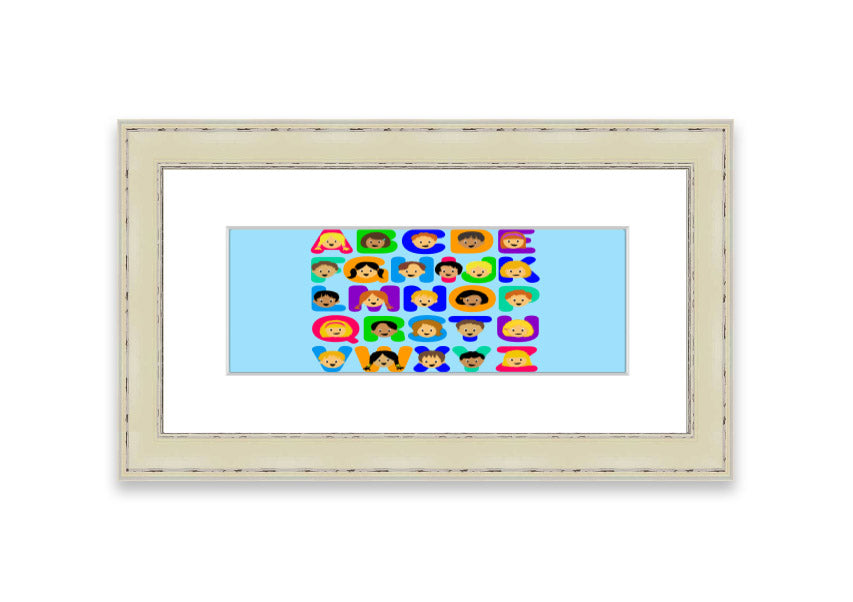 Framed Alphabet Children Baby Blue print featuring colorful letters, perfect for nursery decor.