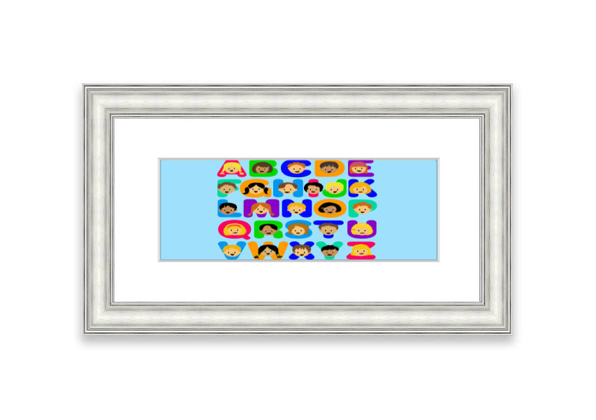 Framed Alphabet Children Baby Blue print featuring colorful letters, perfect for nursery decor.