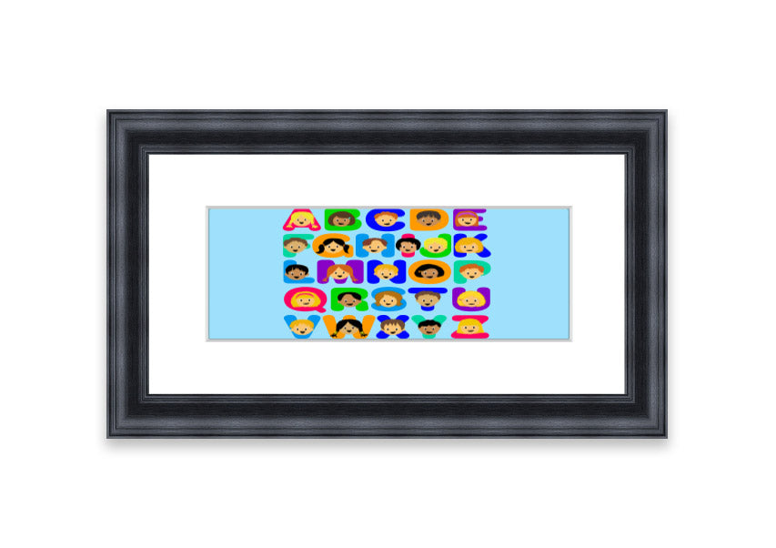 Framed Alphabet Children Baby Blue print featuring colorful letters, perfect for nursery decor.