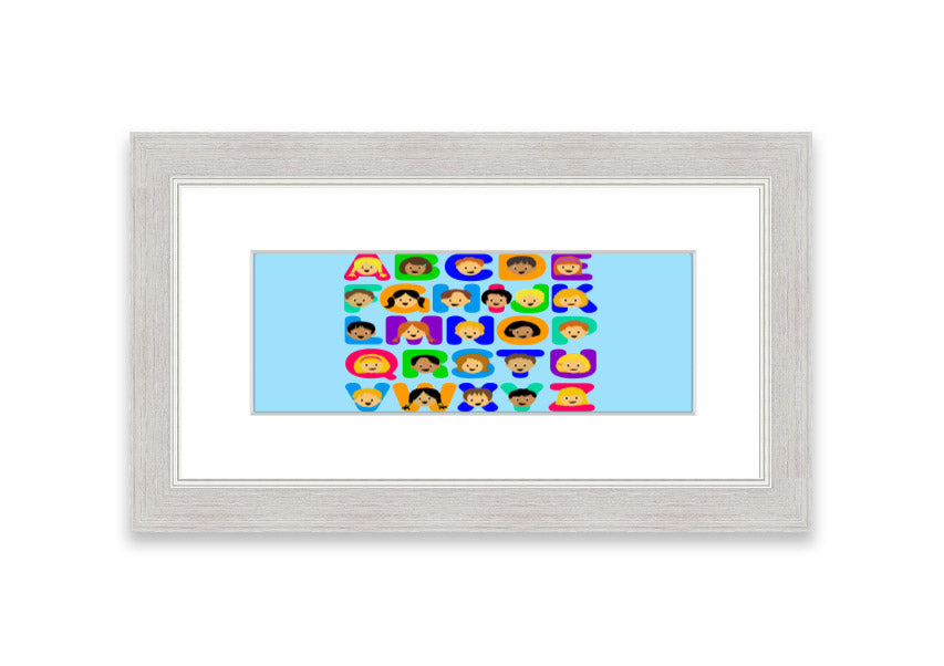 Framed Alphabet Children Baby Blue print featuring colorful letters, perfect for nursery decor.