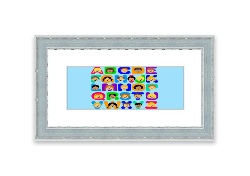 Framed Alphabet Children Baby Blue print featuring colorful letters, perfect for nursery decor.