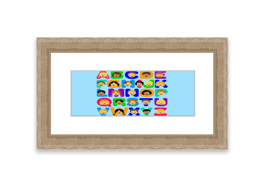 Framed Alphabet Children Baby Blue print featuring colorful letters, perfect for nursery decor.