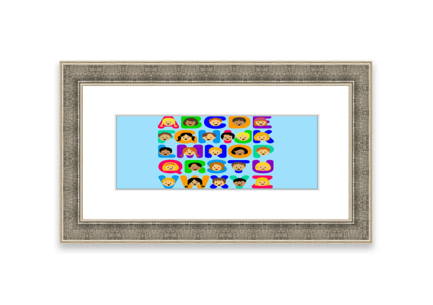 Framed Alphabet Children Baby Blue print featuring colorful letters, perfect for nursery decor.