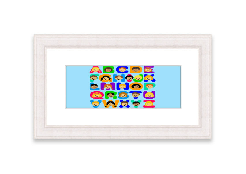 Framed Alphabet Children Baby Blue print featuring colorful letters, perfect for nursery decor.