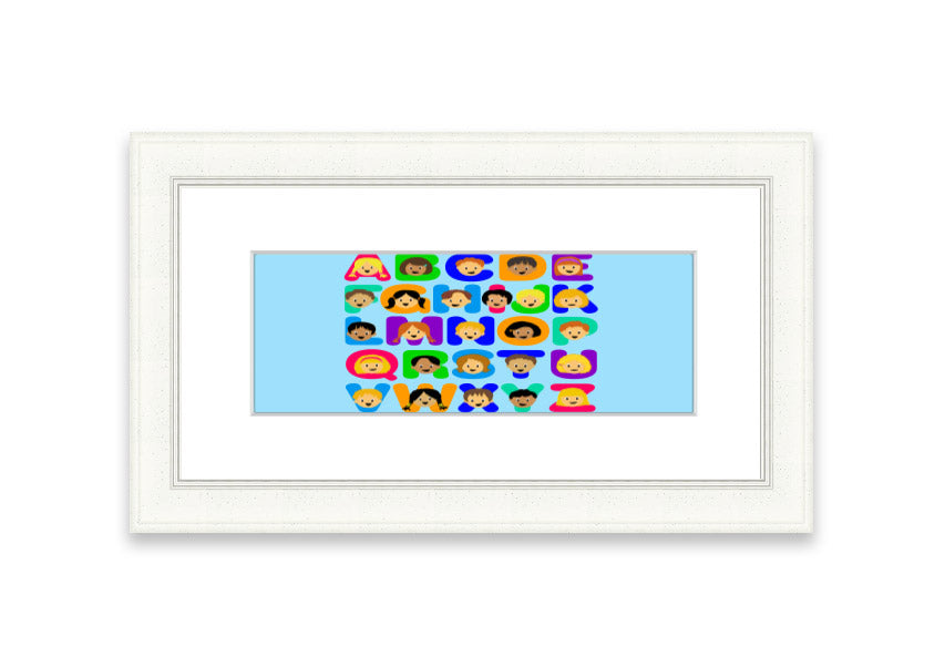 Framed Alphabet Children Baby Blue print featuring colorful letters, perfect for nursery decor.