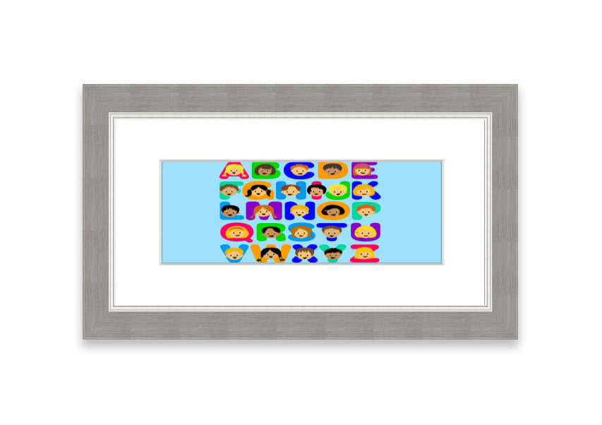 Framed Alphabet Children Baby Blue print featuring colorful letters, perfect for nursery decor.