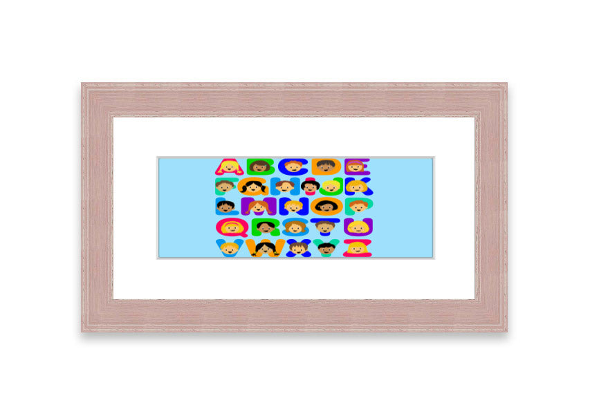 Framed Alphabet Children Baby Blue print featuring colorful letters, perfect for nursery decor.