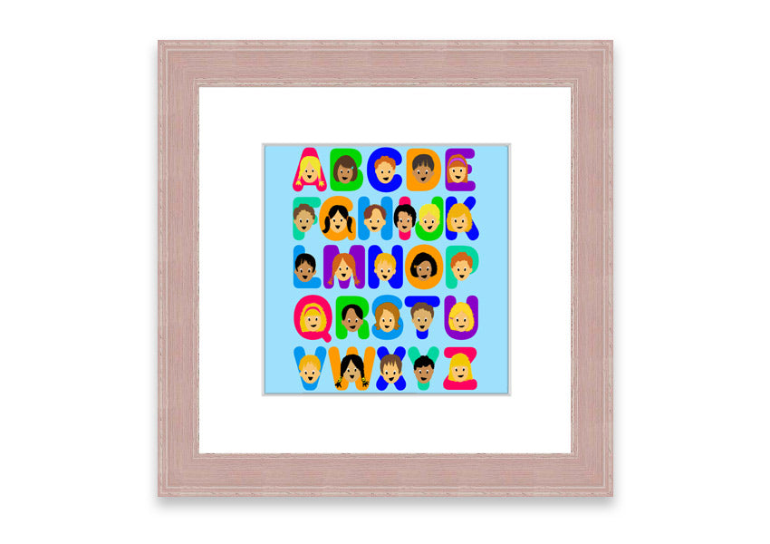 Framed Alphabet Children Baby Blue print featuring colorful letters, perfect for nursery decor.