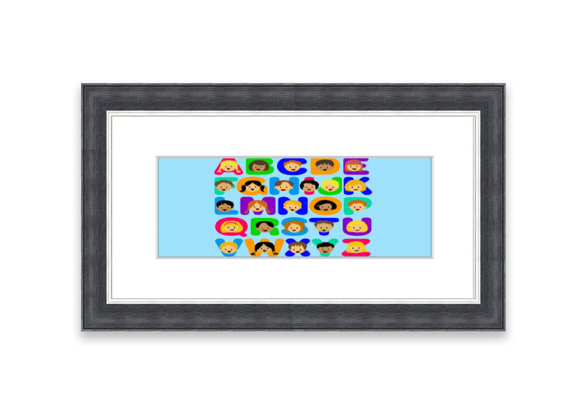 Framed Alphabet Children Baby Blue print featuring colorful letters, perfect for nursery decor.