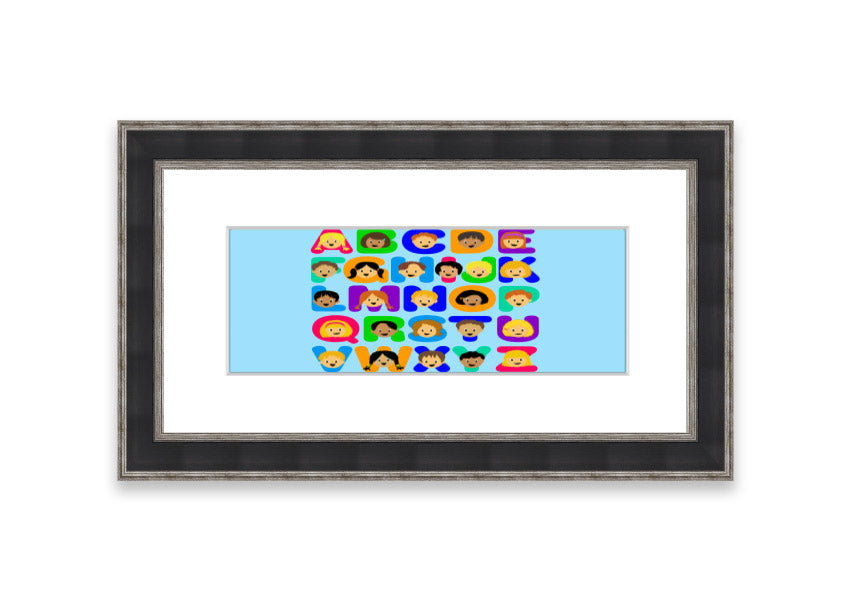 Framed Alphabet Children Baby Blue print featuring colorful letters, perfect for nursery decor.