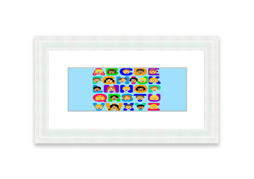 Framed Alphabet Children Baby Blue print featuring colorful letters, perfect for nursery decor.