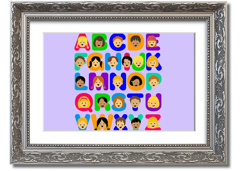 Framed Alphabet Children Lilac print showcasing colorful letters in a playful design, perfect for children's decor.