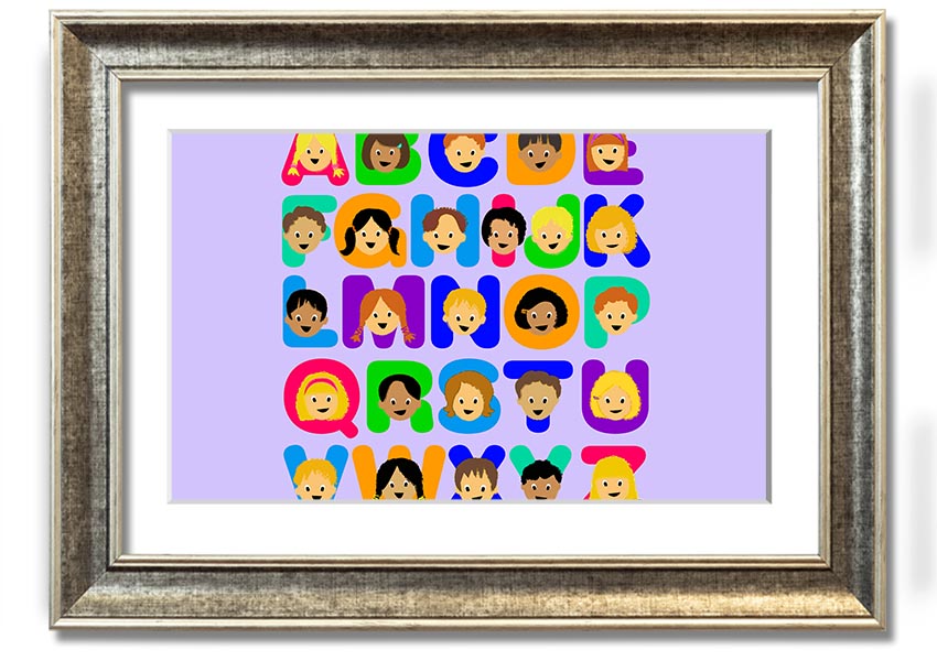 Framed Alphabet Children Lilac print showcasing colorful letters in a playful design, perfect for children's decor.