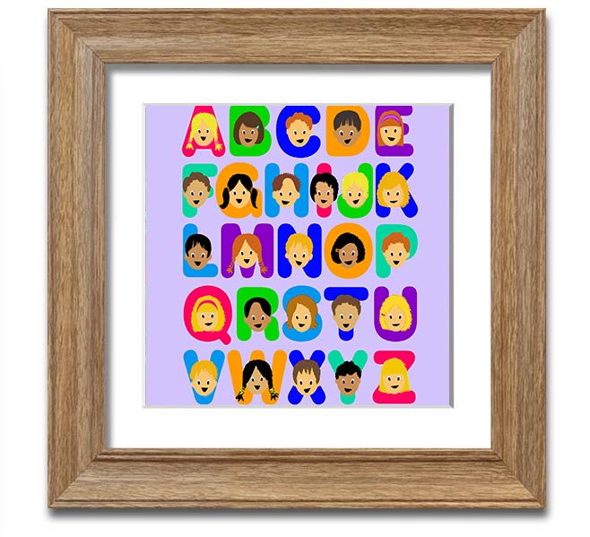 A charming lilac square framed print featuring the alphabet, perfect for children's room decor.