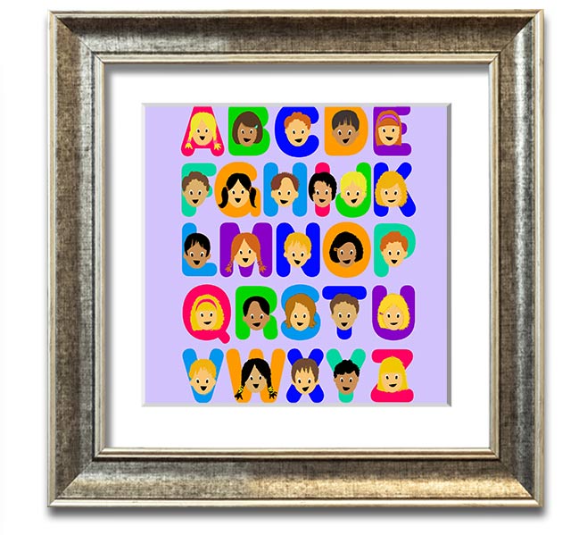 A charming lilac square framed print featuring the alphabet, perfect for children's room decor.