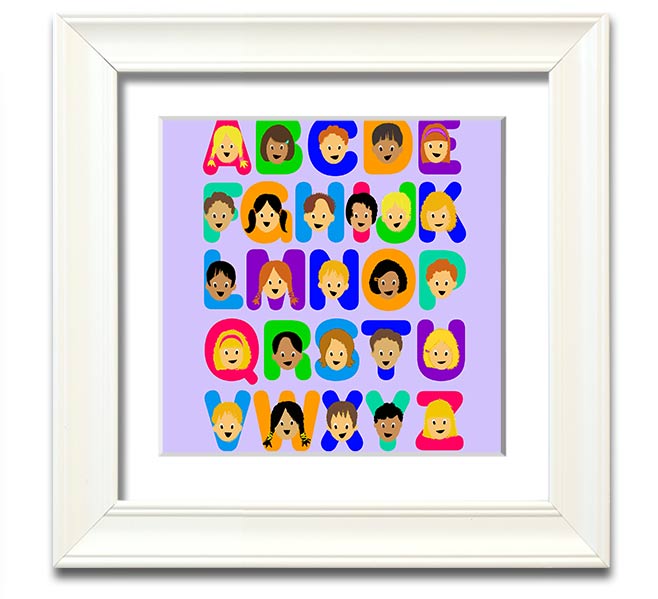 A charming lilac square framed print featuring the alphabet, perfect for children's room decor.