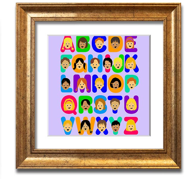 A charming lilac square framed print featuring the alphabet, perfect for children's room decor.