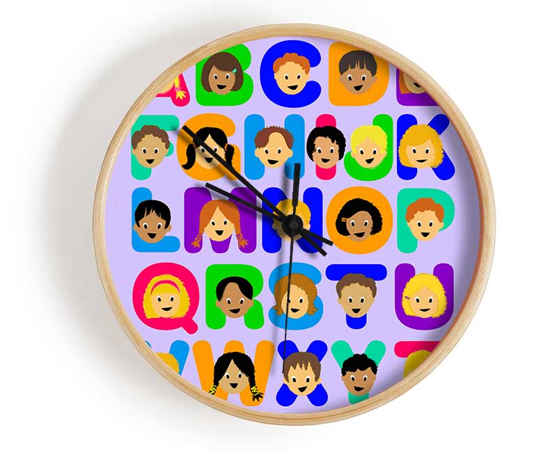 Alphabet Children Lilac clock made from natural bamboo with a round face and clear Plexiglas lens, available in multiple colors.