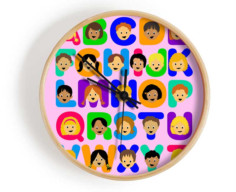 Alphabet Children Pink clock made from natural bamboo with a round face and customizable hands.