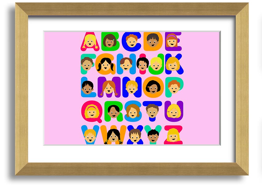 Framed Alphabet Children Pink print featuring colorful letters on a vibrant pink background, ideal for children's rooms.