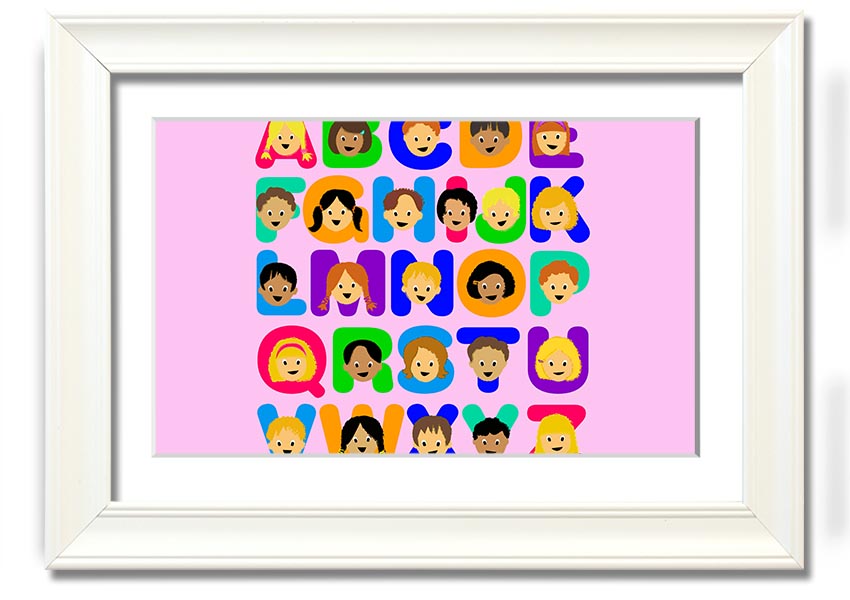 Framed Alphabet Children Pink print featuring colorful letters on a vibrant pink background, ideal for children's rooms.