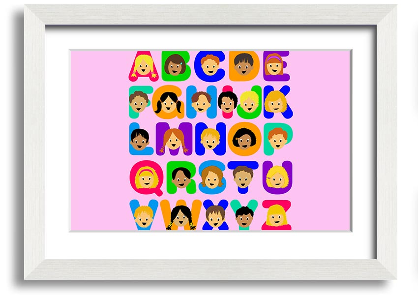 Framed Alphabet Children Pink print featuring colorful letters on a vibrant pink background, ideal for children's rooms.