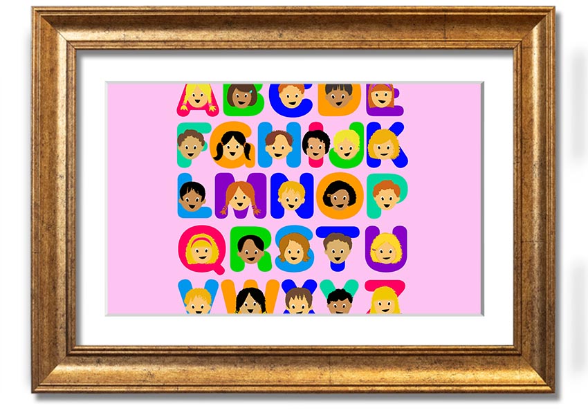 Framed Alphabet Children Pink print featuring colorful letters on a vibrant pink background, ideal for children's rooms.