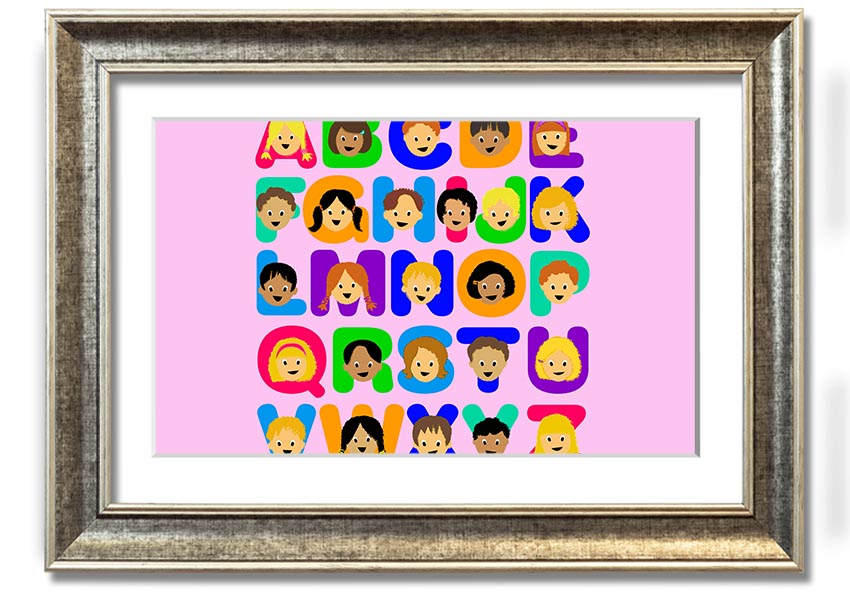 Framed Alphabet Children Pink print featuring colorful letters on a vibrant pink background, ideal for children's rooms.