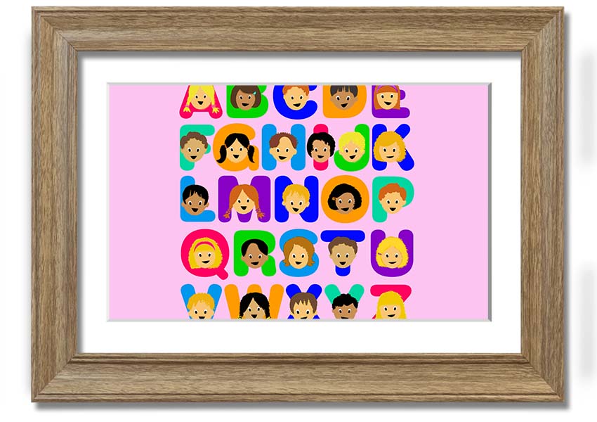 Framed Alphabet Children Pink print featuring colorful letters on a vibrant pink background, ideal for children's rooms.