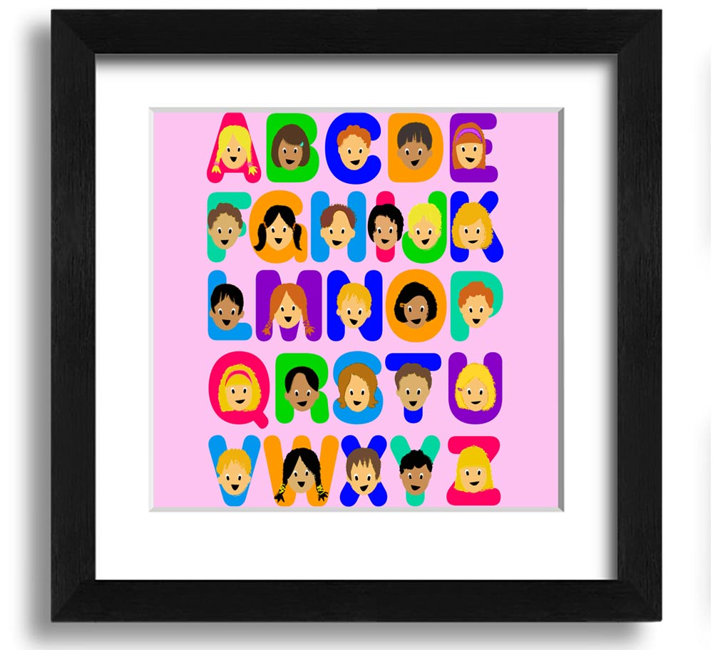 A colorful Alphabet Children Pink Square Framed Print featuring letters of the alphabet, designed for children's rooms.